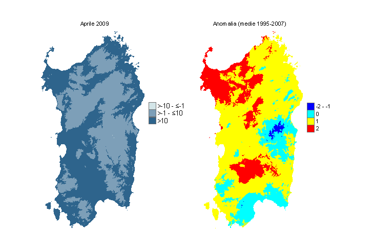 Figura 12 - Mappe di WCI per il mese di aprile 2009 e raffronto con i valori medi del decennio 1995-2004. Figura 12 - Mappe di WCI per il mese di aprile 2009 e raffronto con i valori medi del decennio 1995-2004.
