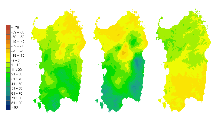 Figura 3 - Mappe di bilancio idro-meteorologico della I, II e III decade di aprile 2009. Figura 3 - Mappe di bilancio idro-meteorologico della I, II e III decade di aprile 2009.
