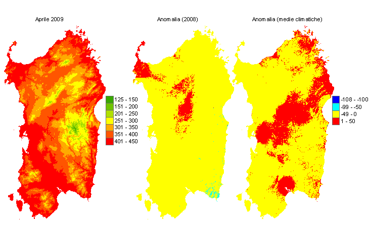 Figura 6 - Mappe di sommatorie termiche in base 0 °C calcolate per il mese di aprile 2009 e raffronto con l'anno precedente e con i valori medi trentennali. Figura 6 - Mappe di sommatorie termiche in base 0 °C calcolate per il mese di aprile 2009 e raffronto con l'anno precedente e con i valori medi trentennali.