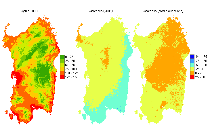 Figura 7 - Mappe di sommatorie termiche in base 10 °C calcolate per il mese di aprile 2009 e raffronto con l'anno precedente e con i valori medi trentennali. Figura 7 - Mappe di sommatorie termiche in base 10 °C calcolate per il mese di aprile 2009 e raffronto con l'anno precedente e con i valori medi trentennali.