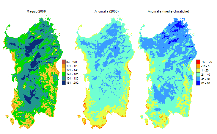 Figura 1 - Mappe di evapotraspirazione di riferimento di maggio 2009 e di anomalia rispetto all'anno precedente e ai valori medi trentennali. Figura 1 - Mappe di evapotraspirazione di riferimento di maggio 2009 e di anomalia rispetto all'anno precedente e ai valori medi trentennali.