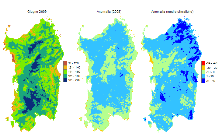 Figura 1 - Mappe di evapotraspirazione di riferimento di giugno 2009 e di anomalia rispetto all'anno precedente e ai valori medi trentennali. Figura 1 - Mappe di evapotraspirazione di riferimento di giugno 2009 e di anomalia rispetto all'anno precedente e ai valori medi trentennali.