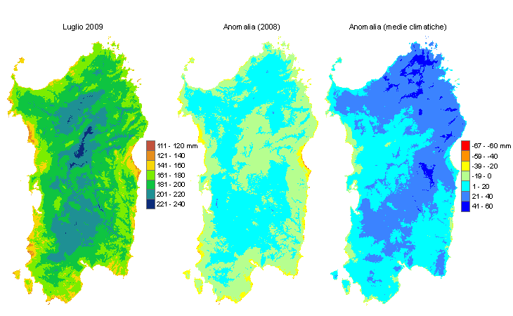 Figura 1 - Mappe di evapotraspirazione di riferimento di luglio 2009 e di anomalia rispetto all'anno precedente e ai valori medi trentennali. Figura 1 - Mappe di evapotraspirazione di riferimento di luglio 2009 e di anomalia rispetto all'anno precedente e ai valori medi trentennali.