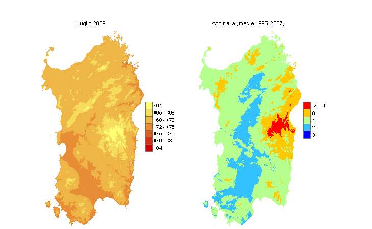 Figura 12 - Mappe di THI per il mese di luglio 2009 e raffronto con i valori medi del decennio 1995-2007. Figura 12 - Mappe di THI per il mese di luglio 2009 e raffronto con i valori medi del decennio 1995-2007.