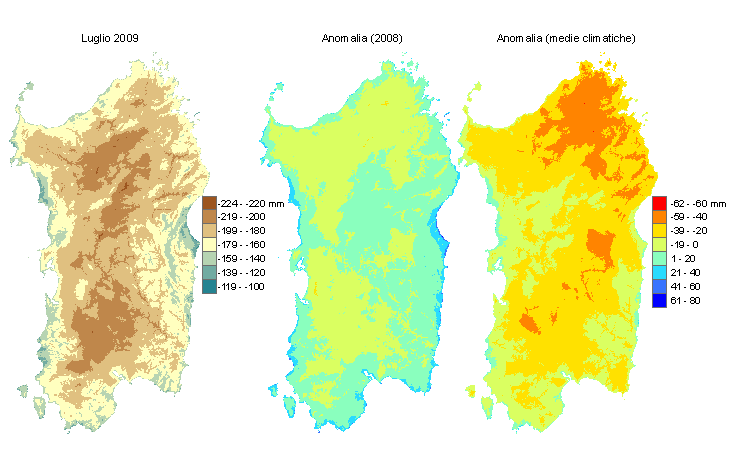Figura 2 - Mappe di bilancio idro-meteorologico di luglio 2009 e di anomalia rispetto all'anno precedente e ai valori medi trentennali. Figura 2 - Mappe di bilancio idro-meteorologico di luglio 2009 e di anomalia rispetto all'anno precedente e ai valori medi trentennali.