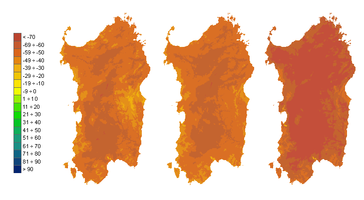 Figura 3 - Mappe di bilancio idro-meteorologico della I, II e III decade di luglio 2009. Figura 3 - Mappe di bilancio idro-meteorologico della I, II e III decade di luglio 2009.