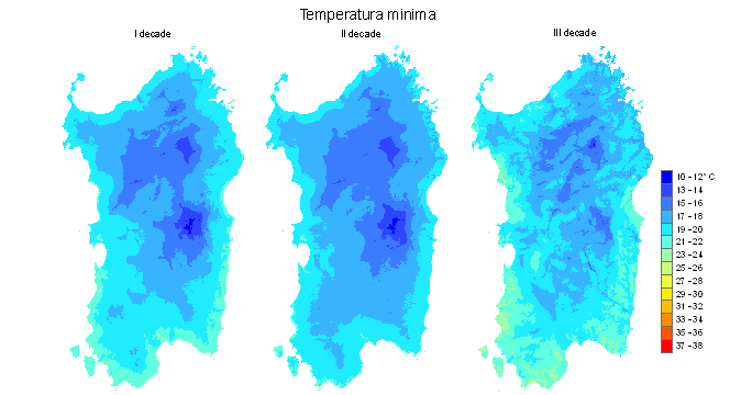 Figura 4 - Valori medi decadali delle temperature minime registrate nel mese di luglio 2009. Figura 4 - Valori medi decadali delle temperature minime registrate nel mese di luglio 2009.