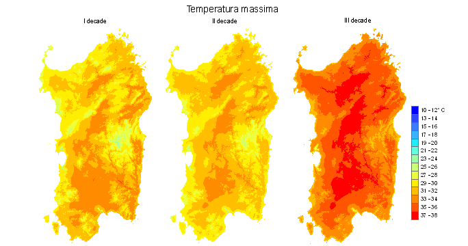Figura 5 - Valori medi decadali delle temperature massime registrate nel mese di luglio 2009. Figura 5 - Valori medi decadali delle temperature massime registrate nel mese di luglio 2009.