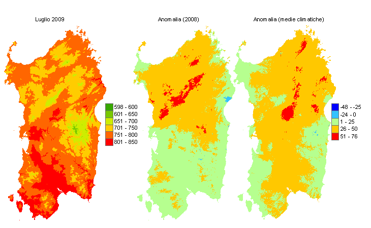 Figura 6 - Mappe di sommatorie termiche in base 0 °C calcolate per il mese di luglio 2009 e raffronto con l'anno precedente e con i valori medi trentennali. Figura 6 - Mappe di sommatorie termiche in base 0 °C calcolate per il mese di luglio 2009 e raffronto con l'anno precedente e con i valori medi trentennali.