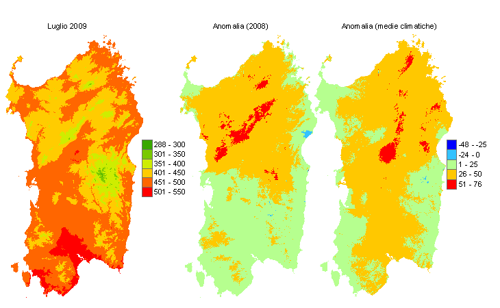 Figura 7 - Mappe di sommatorie termiche in base 10 °C calcolate per il mese di luglio 2009 e raffronto con l'anno precedente e con i valori medi trentennali. Figura 7 - Mappe di sommatorie termiche in base 10 °C calcolate per il mese di luglio 2009 e raffronto con l'anno precedente e con i valori medi trentennali.