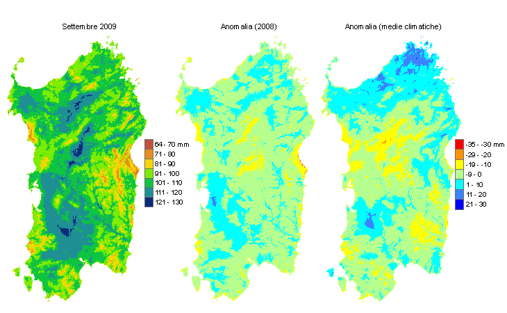 Figura 1 - Mappe di evapotraspirazione di riferimento di settembre 2009 e di anomalia rispetto all'anno precedente e ai valori medi trentennali. Figura 1 - Mappe di evapotraspirazione di riferimento di settembre 2009 e di anomalia rispetto all'anno precedente e ai valori medi trentennali.