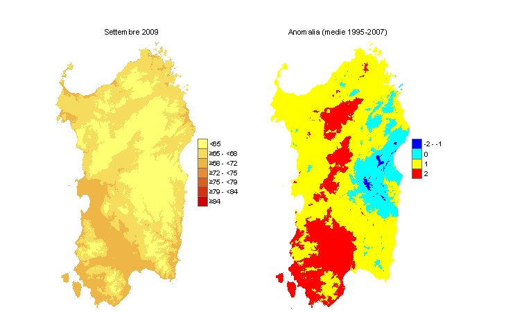 Figura 12 - Mappe di THI per il mese di settembre 2009 e raffronto con i valori medi del decennio 1995-2007. Figura 12 - Mappe di THI per il mese di settembre 2009 e raffronto con i valori medi del decennio 1995-2007.