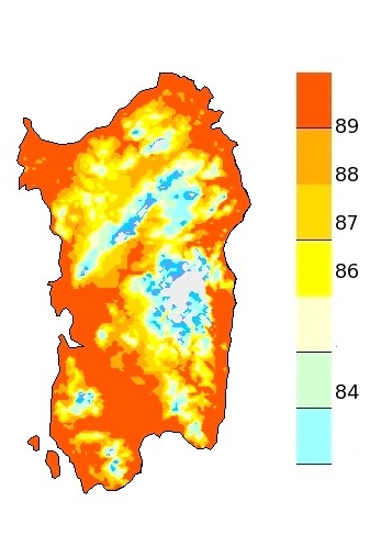 Figura 14 - Mappa di simulazione fenologica per lo Chardonnay in scala BBCH al giorno 4 settembre 2009. (89 =maturazione al 80-90%; 87= maturazione al 60-70%) Figura 14 - Mappa di simulazione fenologica per lo Chardonnay in scala BBCH al giorno 4 settembre 2009. (89 =maturazione al 80-90%; 87= maturazione al 60-70%)
