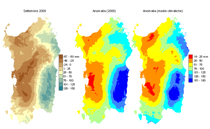 Figura 2 - Mappe di bilancio idro-meteorologico di settembre 2009 e di anomalia rispetto all'anno precedente e ai valori medi trentennali. Figura 2 - Mappe di bilancio idro-meteorologico di settembre 2009 e di anomalia rispetto all'anno precedente e ai valori medi trentennali.