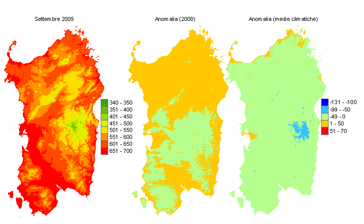 Figura 6 - Mappe di sommatorie termiche in base 0 °C calcolate per il mese di settembre 2009 e raffronto con l'anno precedente e con i valori medi trentennali. Figura 6 - Mappe di sommatorie termiche in base 0 °C calcolate per il mese di settembre 2009 e raffronto con l'anno precedente e con i valori medi trentennali.