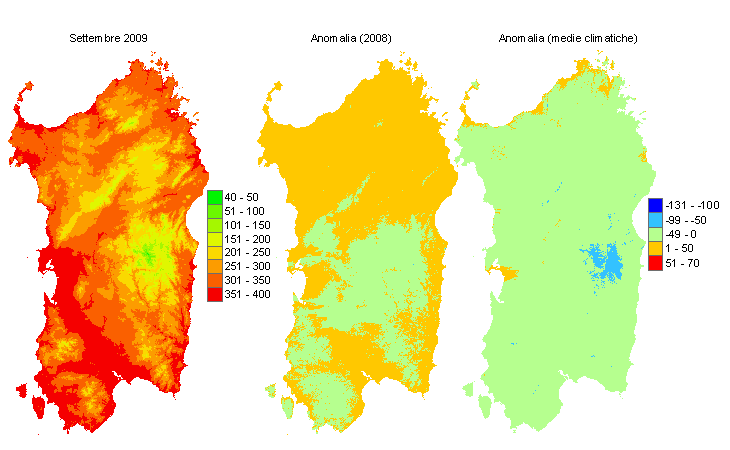 Figura 7 - Mappe di sommatorie termiche in base 10 °C calcolate per il mese di settembre 2009 e raffronto con l'anno precedente e con i valori medi trentennali. Figura 7 - Mappe di sommatorie termiche in base 10 °C calcolate per il mese di settembre 2009 e raffronto con l'anno precedente e con i valori medi trentennali.