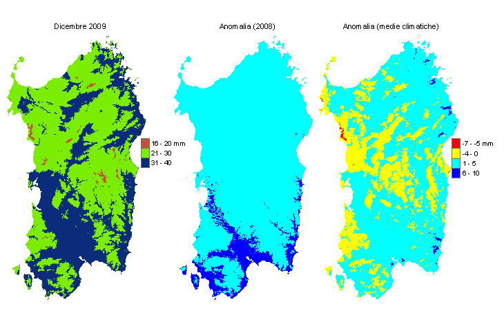 Figura 1 - Mappe di evapotraspirazione di riferimento di dicembre 2009 e di anomalia rispetto all'anno precedente e ai valori medi trentennali. Figura 1 - Mappe di evapotraspirazione di riferimento di dicembre 2009 e di anomalia rispetto all'anno precedente e ai valori medi trentennali.