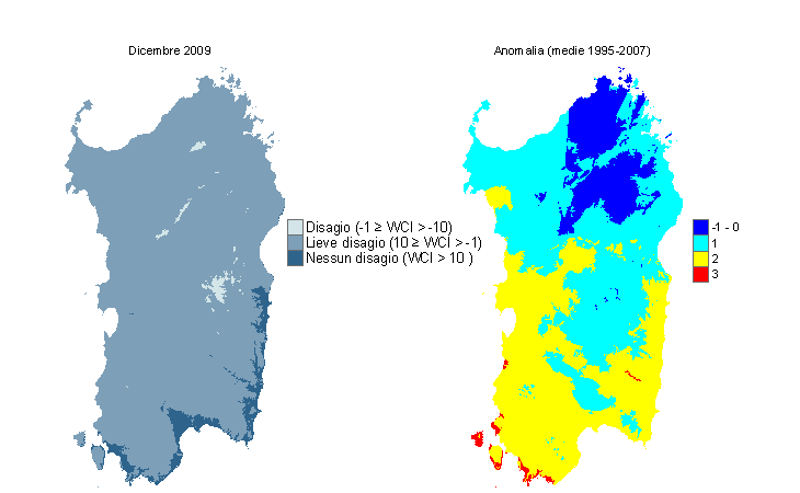 Figura 12 - Mappe di WCI per il mese di dicembre 2009 e raffronto con i valori medi del periodo 1995-2007. Figura 12 - Mappe di WCI per il mese di dicembre 2009 e raffronto con i valori medi del periodo 1995-2007.