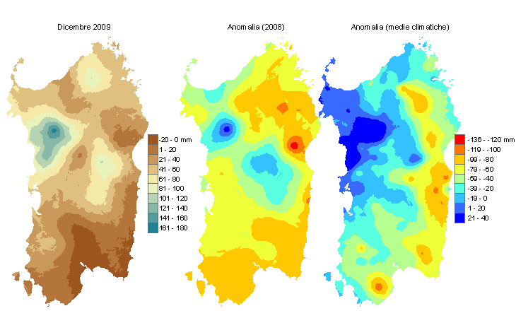 Figura 2 - Mappe di bilancio idro-meteorologico di dicembre 2009 e di anomalia rispetto all'anno precedente e ai valori medi trentennali. Figura 2 - Mappe di bilancio idro-meteorologico di dicembre 2009 e di anomalia rispetto all'anno precedente e ai valori medi trentennali.