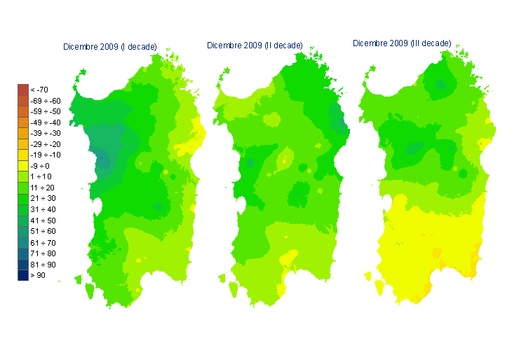 Figura 3 - Mappe di bilancio idro-meteorologico della I, II e III decade di dicembre 2009. Figura 3 - Mappe di bilancio idro-meteorologico della I, II e III decade di dicembre 2009.