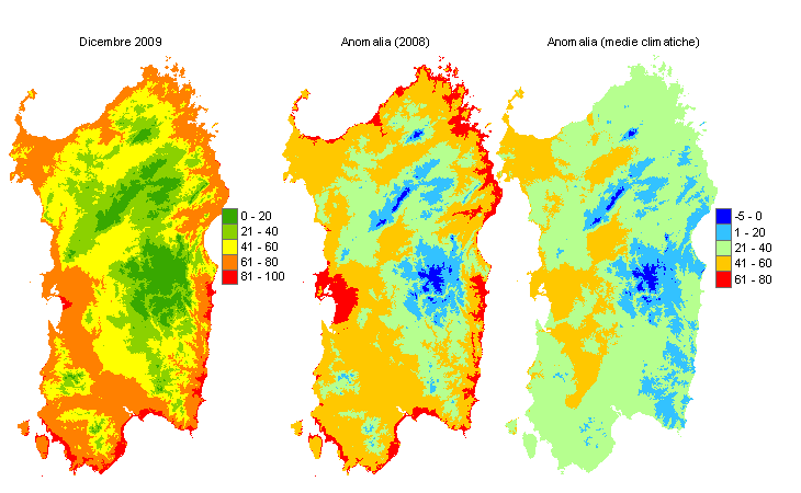 Figura 7 - Mappe di sommatorie termiche in base 10 °C calcolate per il mese di dicembre 2009 e raffronto con l'anno precedente e con i valori medi trentennali. Figura 7 - Mappe di sommatorie termiche in base 10 °C calcolate per il mese di dicembre 2009 e raffronto con l'anno precedente e con i valori medi trentennali.