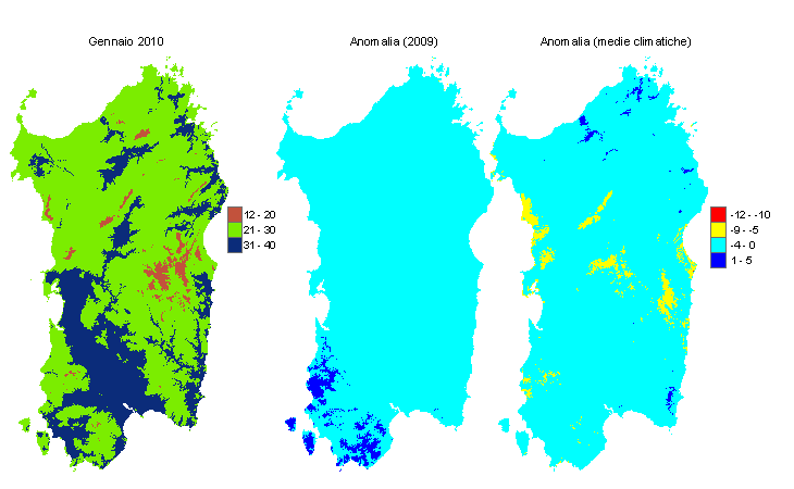 Figura 1 - Mappe di evapotraspirazione di riferimento di gennaio 2010 e di anomalia rispetto all'anno precedente e ai valori medi trentennali. Figura 1 - Mappe di evapotraspirazione di riferimento di gennaio 2010 e di anomalia rispetto all'anno precedente e ai valori medi trentennali.