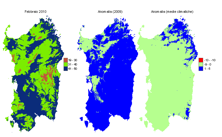 Figura 1 - Mappe di evapotraspirazione di riferimento di febbraio 2010 e di anomalia rispetto all'anno precedente e ai valori medi trentennali. Figura 1 - Mappe di evapotraspirazione di riferimento di febbraio 2010 e di anomalia rispetto all'anno precedente e ai valori medi trentennali.