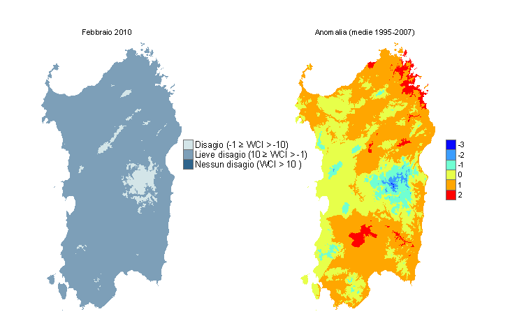 Figura 13 - Mappe di WCI per il mese di febbraio 2010 e raffronto con i valori medi del periodo 1995-2007. Figura 13 - Mappe di WCI per il mese di febbraio 2010 e raffronto con i valori medi del periodo 1995-2007.