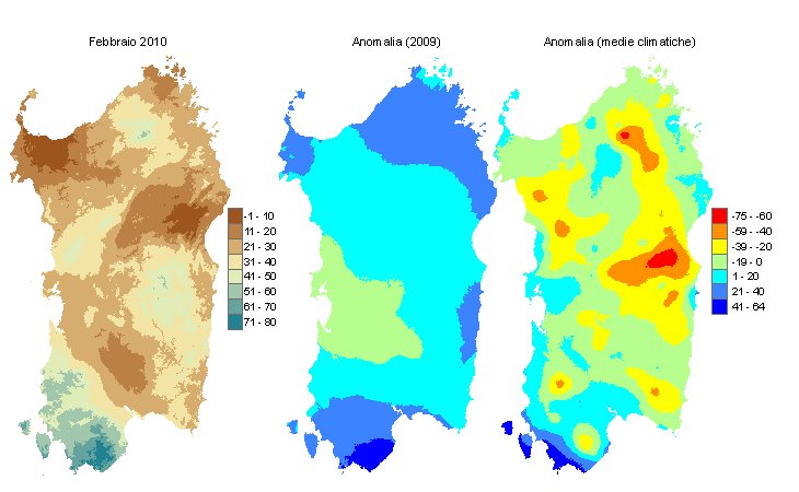Figura 2 - Mappe di bilancio idro-meteorologico di febbraio 2010 e di anomalia rispetto all'anno precedente e ai valori medi trentennali. Figura 2 - Mappe di bilancio idro-meteorologico di febbraio 2010 e di anomalia rispetto all'anno precedente e ai valori medi trentennali.
