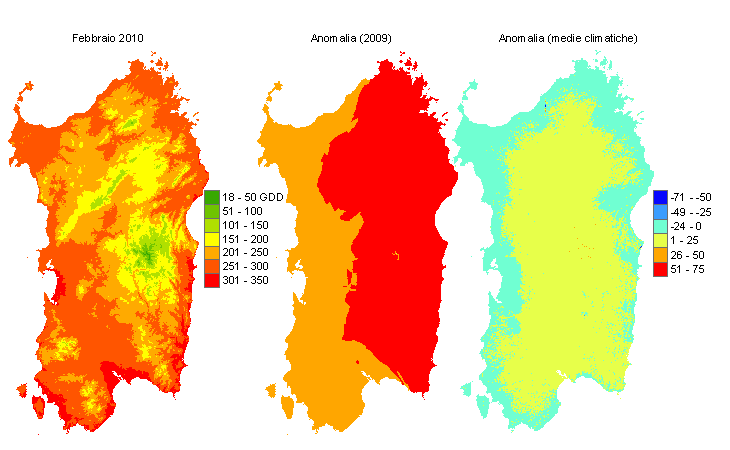 Figura 6 - Mappe di sommatorie termiche in base 0 °C calcolate per il mese di febbraio 2010 e raffronto con l'anno precedente e con i valori medi trentennali. Figura 6 - Mappe di sommatorie termiche in base 0 °C calcolate per il mese di febbraio 2010 e raffronto con l'anno precedente e con i valori medi trentennali.