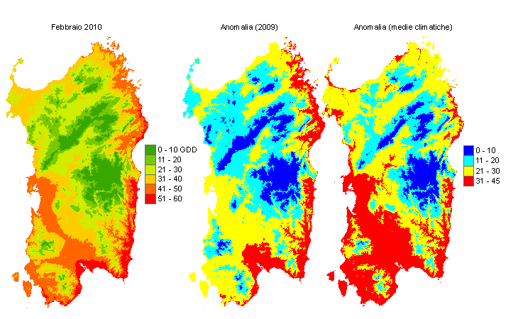 Figura 7 - Mappe di sommatorie termiche in base 10 °C calcolate per il mese di febbraio 2010 e raffronto con l'anno precedente e con i valori medi trentennali. Figura 7 - Mappe di sommatorie termiche in base 10 °C calcolate per il mese di febbraio 2010 e raffronto con l'anno precedente e con i valori medi trentennali.