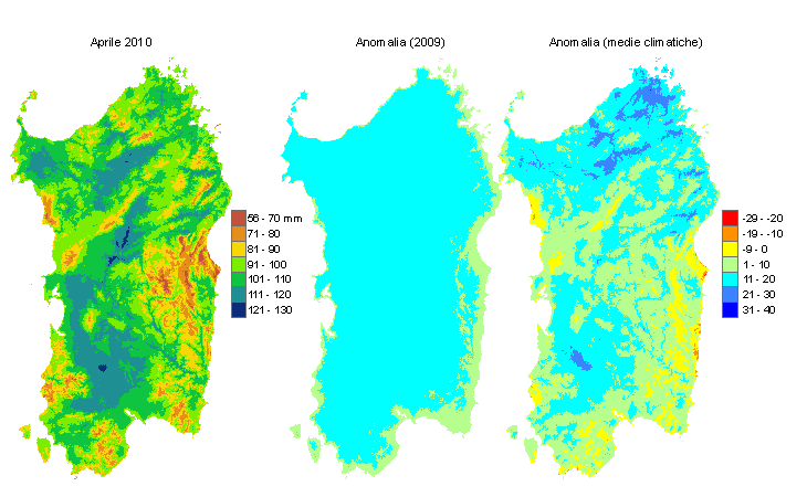 Figura 1 - Mappe di evapotraspirazione di riferimento di aprile 2010 e di anomalia rispetto all'anno precedente e ai valori medi trentennali. Figura 1 - Mappe di evapotraspirazione di riferimento di aprile 2010 e di anomalia rispetto all'anno precedente e ai valori medi trentennali.
