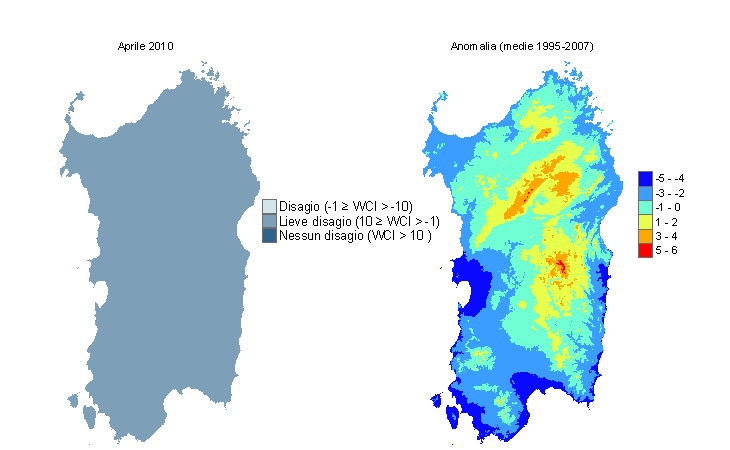 Figura 12 - Mappe di WCI per il mese di aprile 2010 e raffronto con i valori medi del periodo 1995-2007. Figura 12 - Mappe di WCI per il mese di aprile 2010 e raffronto con i valori medi del periodo 1995-2007.