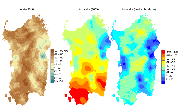 Figura 2 - Mappe di bilancio idro-meteorologico di aprile 2010 e di anomalia rispetto all'anno precedente e ai valori medi trentennali. Figura 2 - Mappe di bilancio idro-meteorologico di aprile 2010 e di anomalia rispetto all'anno precedente e ai valori medi trentennali.
