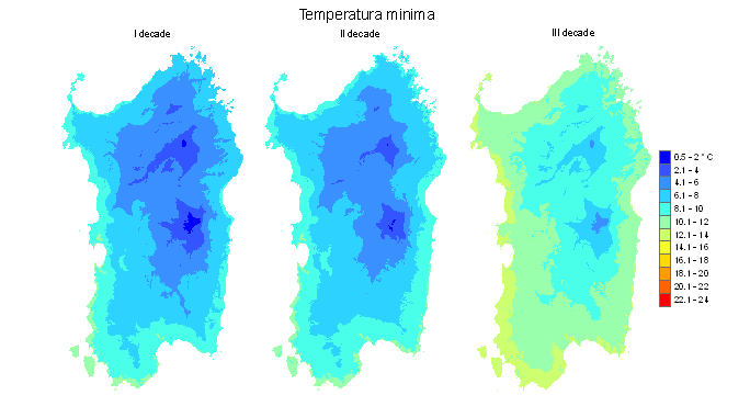 Figura 4 - Valori medi decadali delle temperature minime registrate nel mese di aprile 2010. Figura 4 - Valori medi decadali delle temperature minime registrate nel mese di aprile 2010.