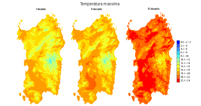 Figura 5 - Valori medi decadali delle temperature massime registrate nel mese di aprile 2010. Figura 5 - Valori medi decadali delle temperature massime registrate nel mese di aprile 2010.