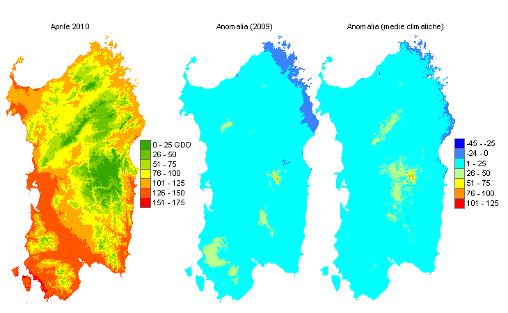 Figura 7 - Mappe di sommatorie termiche in base 10 °C calcolate per il mese di aprile 2010 e raffronto con l'anno precedente e con i valori medi trentennali. Figura 7 - Mappe di sommatorie termiche in base 10 °C calcolate per il mese di aprile 2010 e raffronto con l'anno precedente e con i valori medi trentennali.
