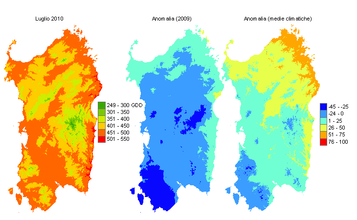 Figura 7 - Mappe di sommatorie termiche in base 10 °C calcolate per il mese di luglio 2010 e raffronto con l'anno precedente e con i valori medi trentennali. Figura 7 - Mappe di sommatorie termiche in base 10 °C calcolate per il mese di luglio 2010 e raffronto con l'anno precedente e con i valori medi trentennali.