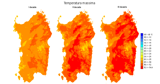 Figura 5 - Valori medi decadali delle temperature massime registrate nel mese di agosto 2010. Figura 5 - Valori medi decadali delle temperature massime registrate nel mese di agosto 2010.