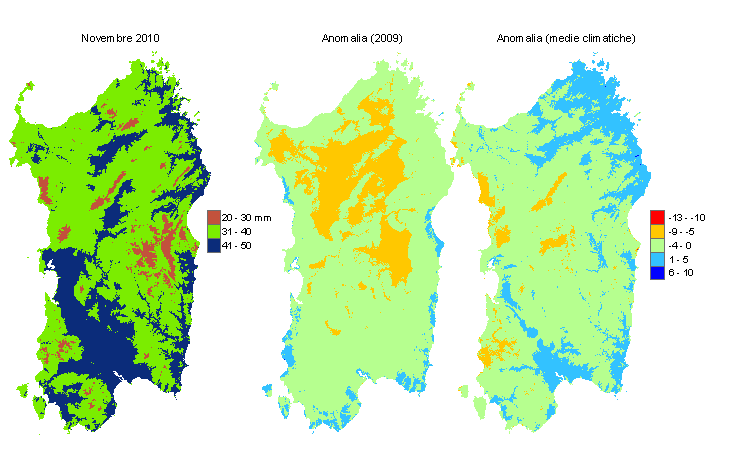 Figura 1 - Mappe di evapotraspirazione di riferimento di novembre 2010 e di anomalia rispetto all'anno precedente e ai valori medi trentennali. Figura 1 - Mappe di evapotraspirazione di riferimento di novembre 2010 e di anomalia rispetto all'anno precedente e ai valori medi trentennali.