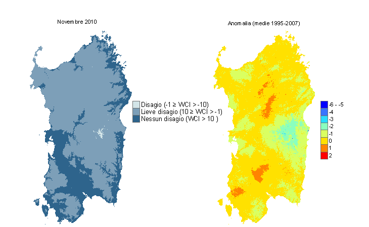 Figura 12 - Mappe di WCI per il mese di novembre 2010 e raffronto con i valori medi del periodo 1995-2007. Figura 12 - Mappe di WCI per il mese di novembre 2010 e raffronto con i valori medi del periodo 1995-2007.