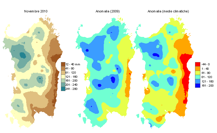 Figura 2 - Mappe di bilancio idro-meteorologico di novembre 2010 e di anomalia rispetto all'anno precedente e ai valori medi trentennali. Figura 2 - Mappe di bilancio idro-meteorologico di novembre 2010 e di anomalia rispetto all'anno precedente e ai valori medi trentennali.