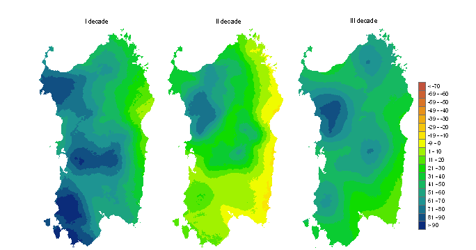 Figura 3 - Mappe di bilancio idro-meteorologico della I, II e III decade di novembre 2010. Figura 3 - Mappe di bilancio idro-meteorologico della I, II e III decade di novembre 2010.