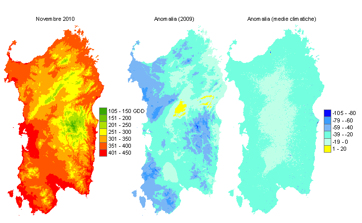 Figura 6 - Mappe di sommatorie termiche in base 0 °C calcolate per il mese di novembre 2010 e raffronto con l'anno precedente e con i valori medi trentennali. Figura 6 - Mappe di sommatorie termiche in base 0 °C calcolate per il mese di novembre 2010 e raffronto con l'anno precedente e con i valori medi trentennali.