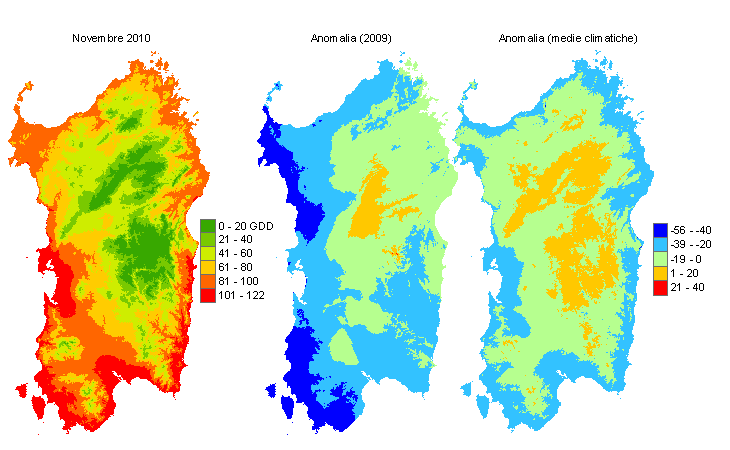 Figura 7 - Mappe di sommatorie termiche in base 10 °C calcolate per il mese di novembre 2010 e raffronto con l'anno precedente e con i valori medi trentennali. Figura 7 - Mappe di sommatorie termiche in base 10 °C calcolate per il mese di novembre 2010 e raffronto con l'anno precedente e con i valori medi trentennali.