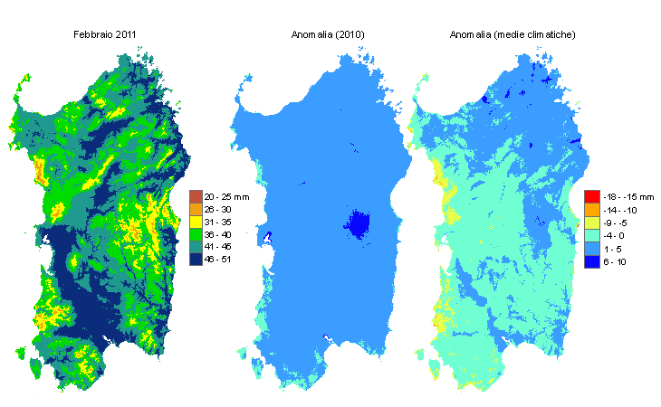 Figura 1 - Mappe di evapotraspirazione di riferimento di febbraio 2011 e di anomalia rispetto all'anno precedente e ai valori medi trentennali. Figura 1 - Mappe di evapotraspirazione di riferimento di febbraio 2011 e di anomalia rispetto all'anno precedente e ai valori medi trentennali.