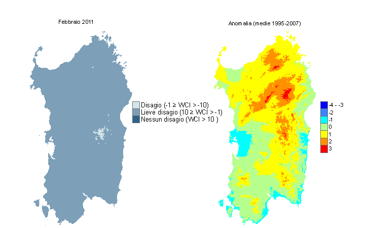 Figura 13 - Mappe di WCI per il mese di febbraio 2011 e raffronto con i valori medi del periodo 1995-2007. Figura 13 - Mappe di WCI per il mese di febbraio 2011 e raffronto con i valori medi del periodo 1995-2007.