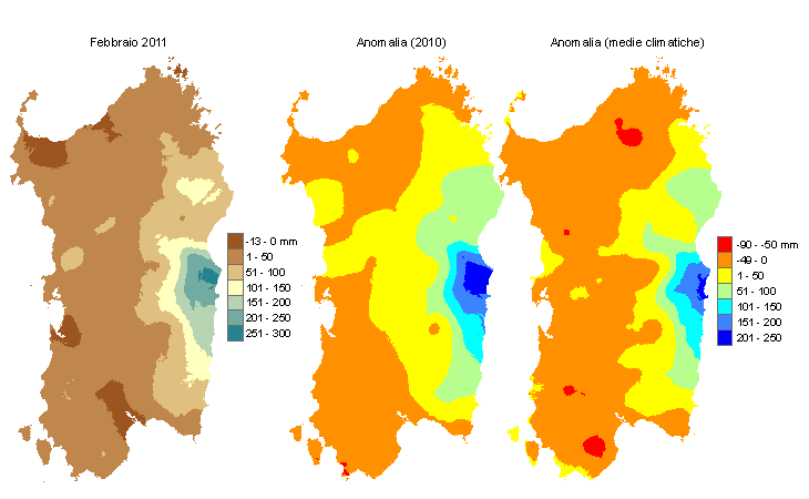 Figura 2 - Mappe di bilancio idro-meteorologico di febbraio 2011 e di anomalia rispetto all'anno precedente e ai valori medi trentennali. Figura 2 - Mappe di bilancio idro-meteorologico di febbraio 2011 e di anomalia rispetto all'anno precedente e ai valori medi trentennali.