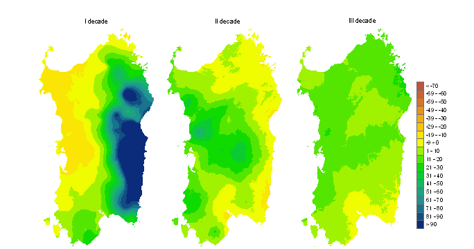 Figura 3 - Mappe di bilancio idro-meteorologico della I, II e III decade di febbraio 2011. Figura 3 - Mappe di bilancio idro-meteorologico della I, II e III decade di febbraio 2011.