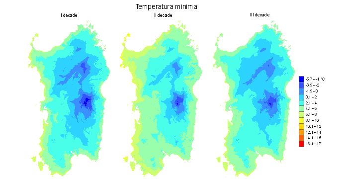 Figura 4 - Valori medi decadali delle temperature minime registrate nel mese di febbraio 2011. Figura 4 - Valori medi decadali delle temperature minime registrate nel mese di febbraio 2011.